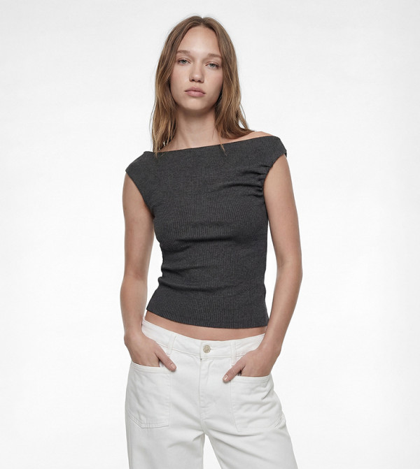 Ribbed Off-Shoulder Ruched Sleeveless Cropped Top