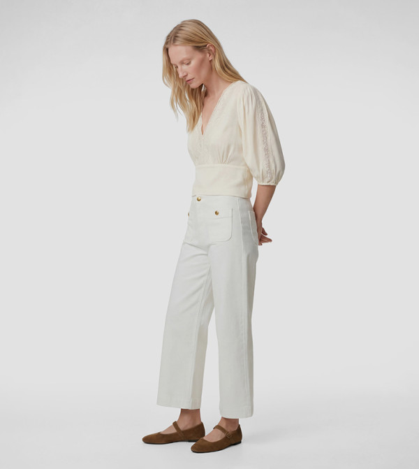 Gold-Tone Button Patch Pocket Wide Leg Pants