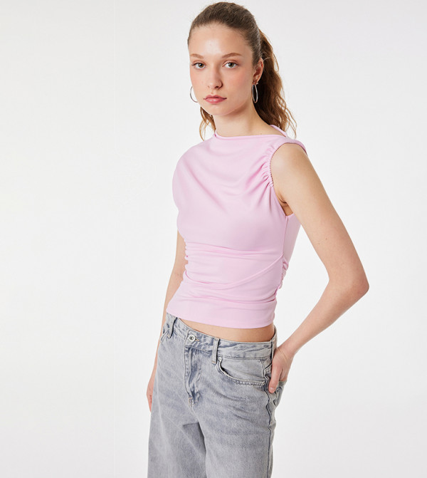 Ruched Detail Sleeveless Mock Neck Top