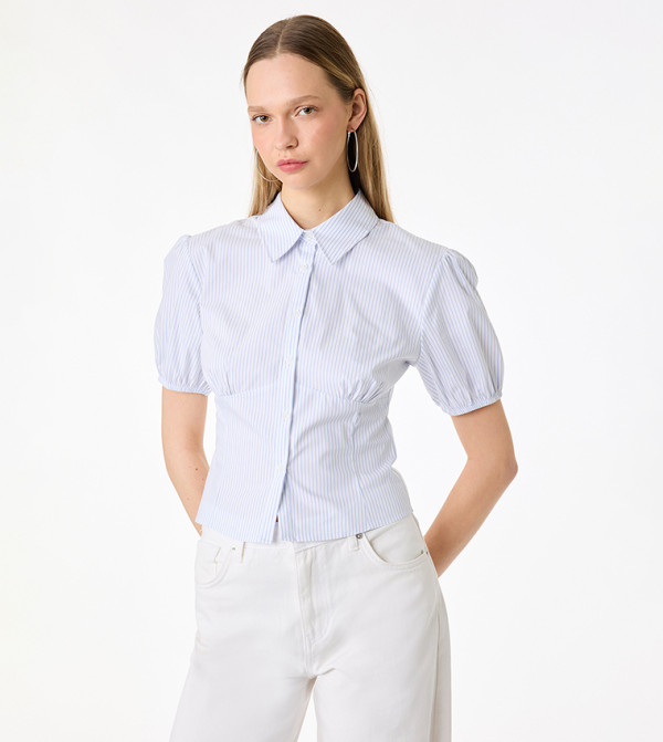 Striped Puff Short Sleeve Fitted Shirt