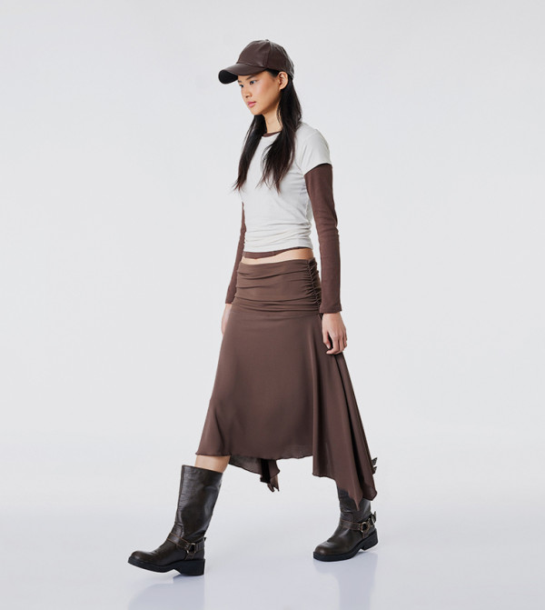 Ruched Waistband Asymmetric Midi Skirt