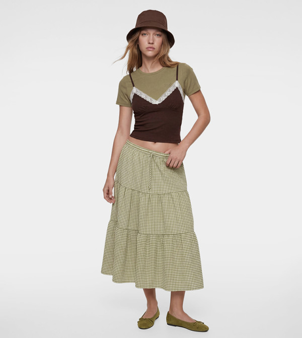 Gingham Tiered Drawstring Midi Skirt
