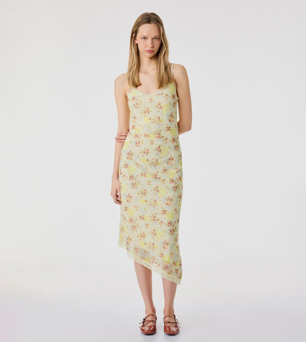 Floral Print Lace Trim Asymmetric Slip Dress