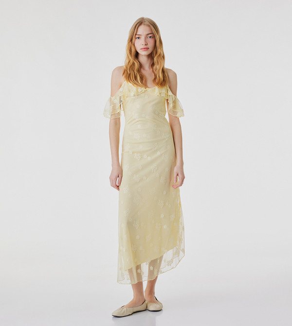 Embroidered Ruffle Off Shoulder Asymmetric Midi Dress