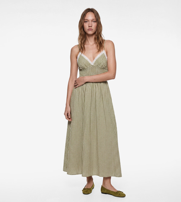Gingham Lace Trim Smocked Waist Sleeveless Midi Dress