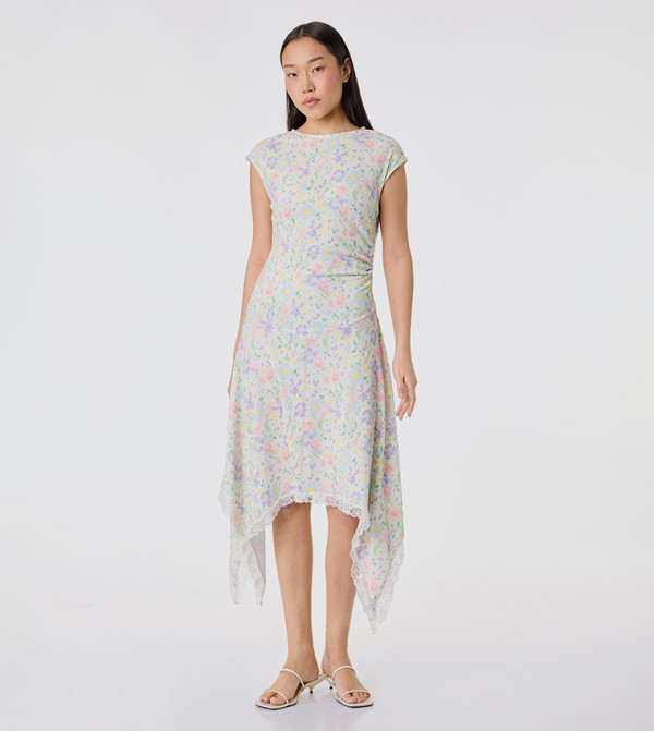 Floral Print Ruched Cap Sleeves Asymmetric Midi Dress