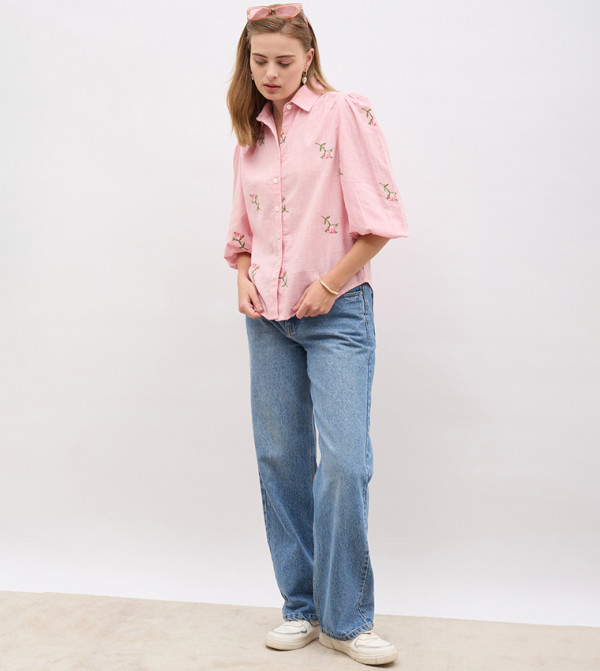 Embroidered Balloon Sleeves Spread Collar Shirt
