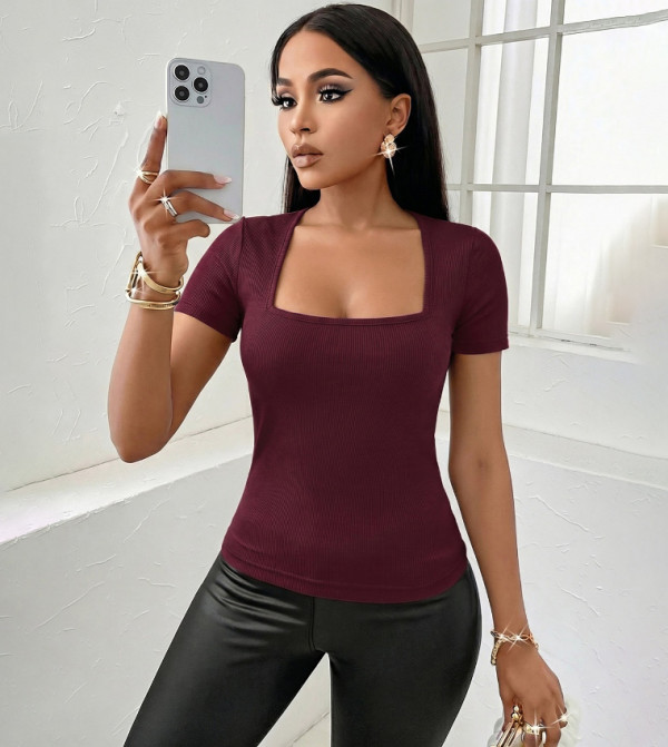 Ribbed Knit Short Sleeves Top