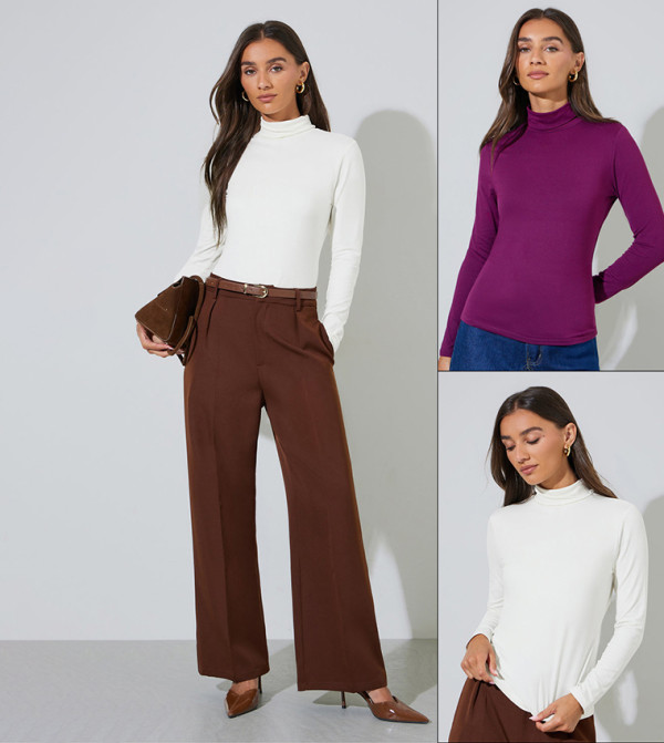 Pack of 2 Solid High Neck Fitted Tops