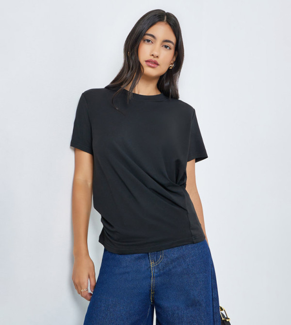 Pleated Detail Crew Neck T-Shirt