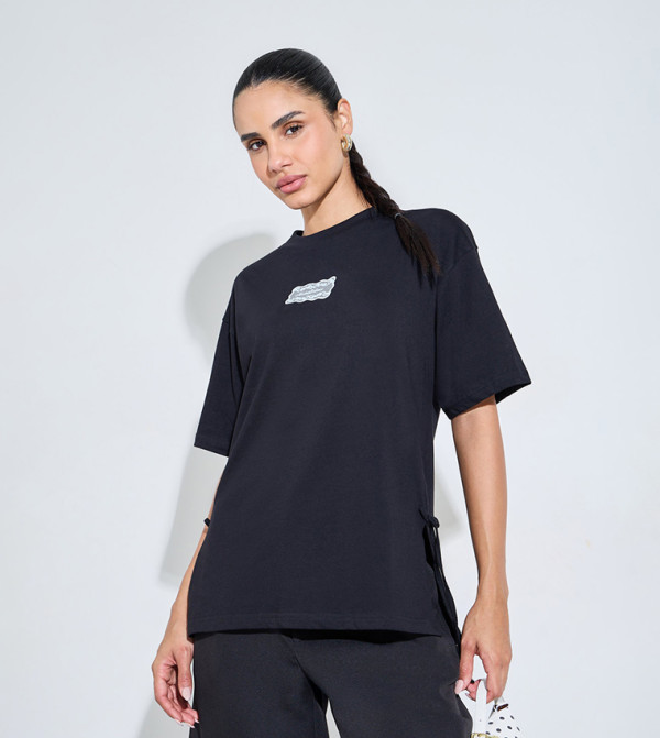 Side Tie Detail and Graphic Print Knitted T-Shirt