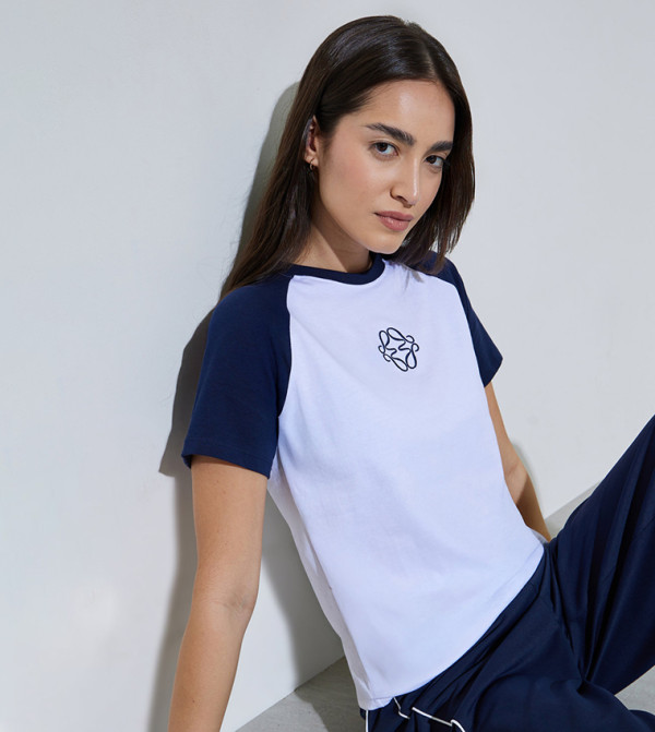 Color Block Badge Embroidered Cotton Regular Fit T-Shirt