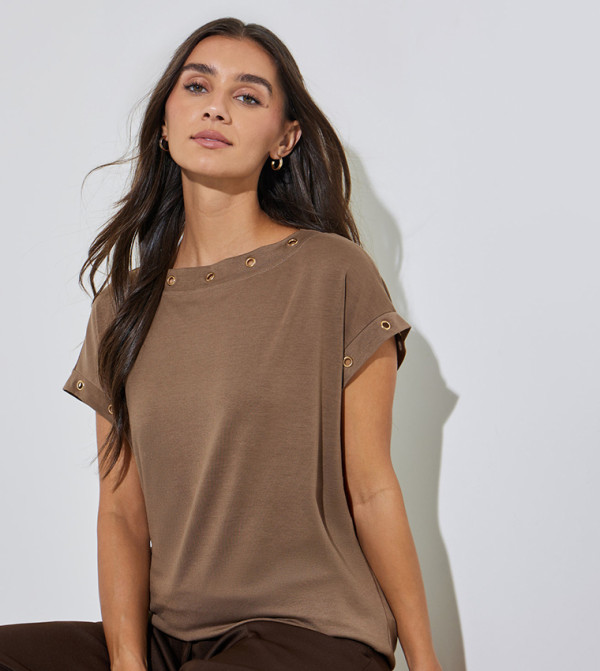 Solid Eyelet Detail Short Cap Sleeves T-Shirt