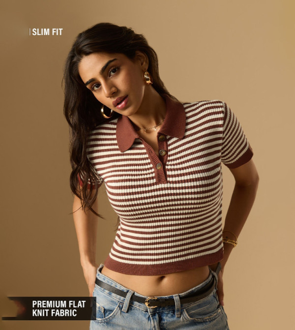 Striped Crop Cotton Knit Collared Top