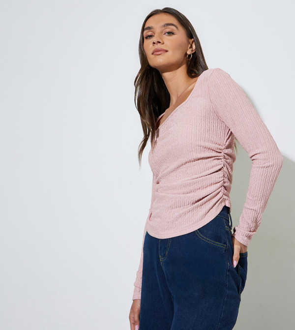 Textured Square Neck Long Sleeves Top