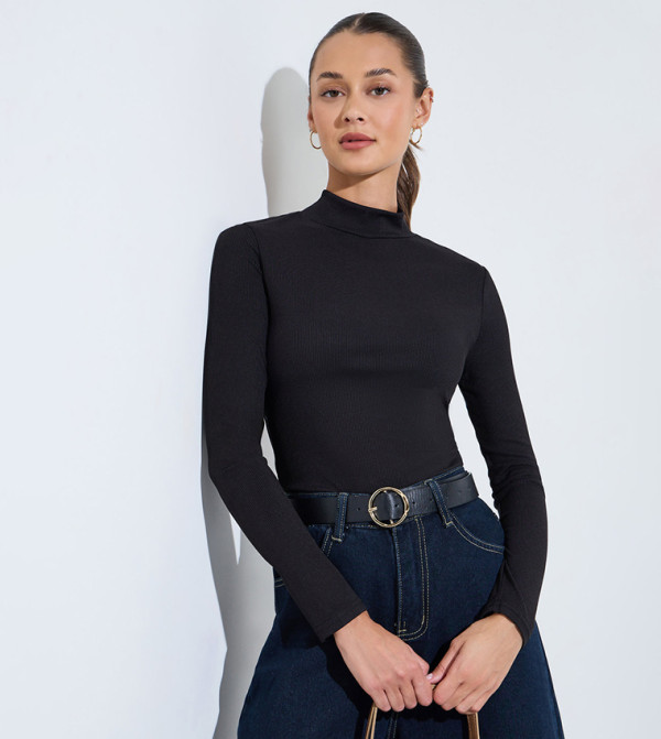 Solid High Neck Ribbed Fitted Top