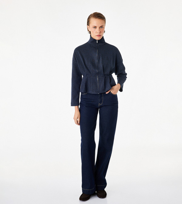 Zippered High Neck Peplum Casual Jacket