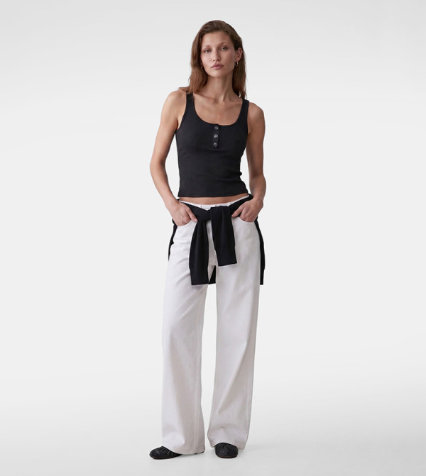 Ribbed Henley Neck Sleeveless Top