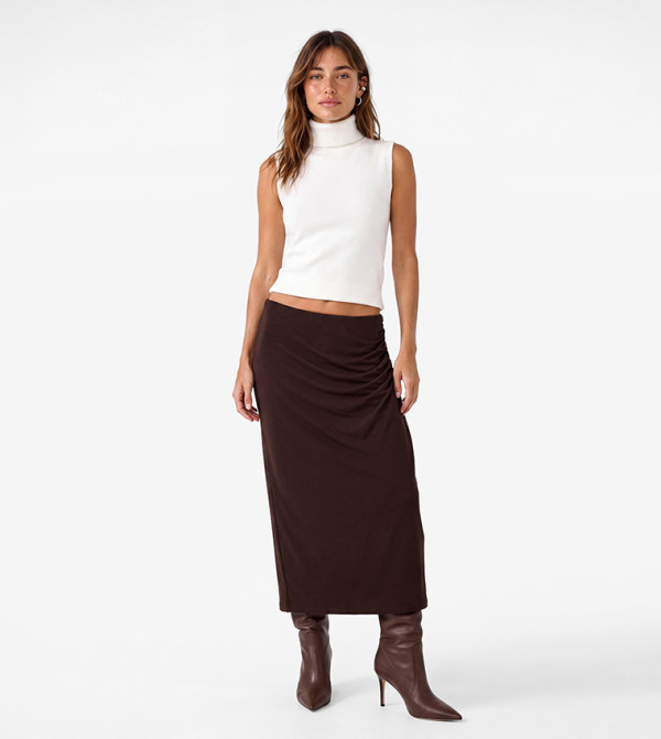 Solid Ruched Midi Skirt