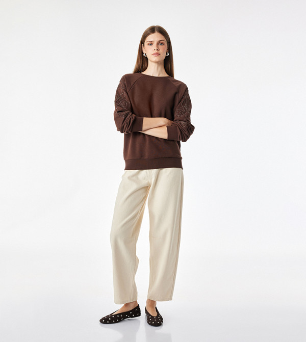 Floral Embroidered Boat Neck Sweatshirt
