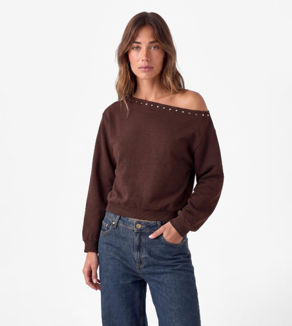 Studded Asymmetric Off Shoulder Sweatshirt