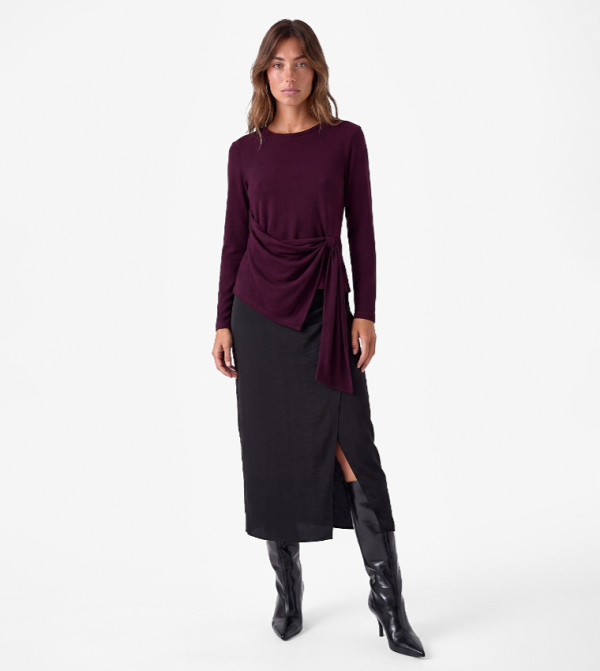 Solid Long Sleeves Asymmetric Tie Top