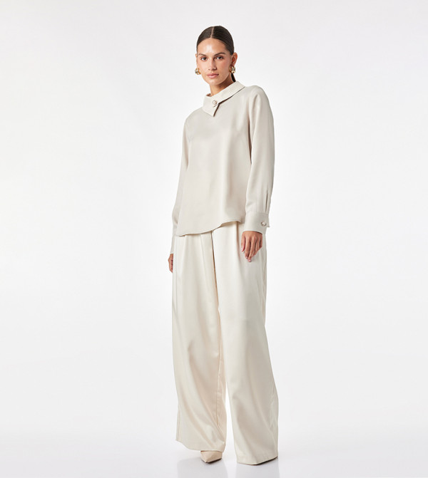 Solid Collar Detail Long Sleeves Satin Top