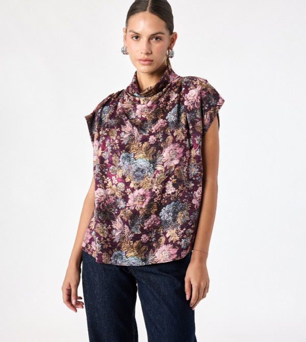 Floral Print Cowl Neck Top