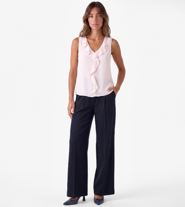 Solid Ruffle Detail V Neck Sleeveless Top