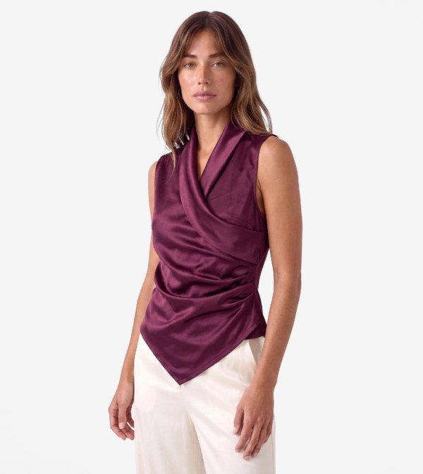 Solid Cowl Neck Ruched Sleeveless Top