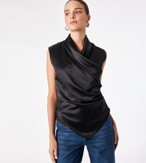 Solid Cowl Neck Ruched Sleeveless Top