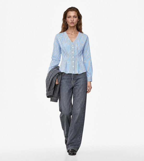 Striped V Neck Pleated Long Sleeve Shirt