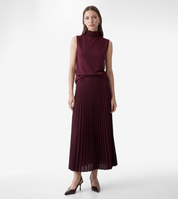 Solid Pleated Midi Skirt