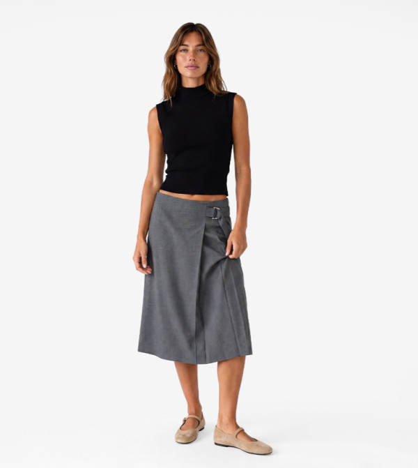 Solid Wrap Midi Skirt