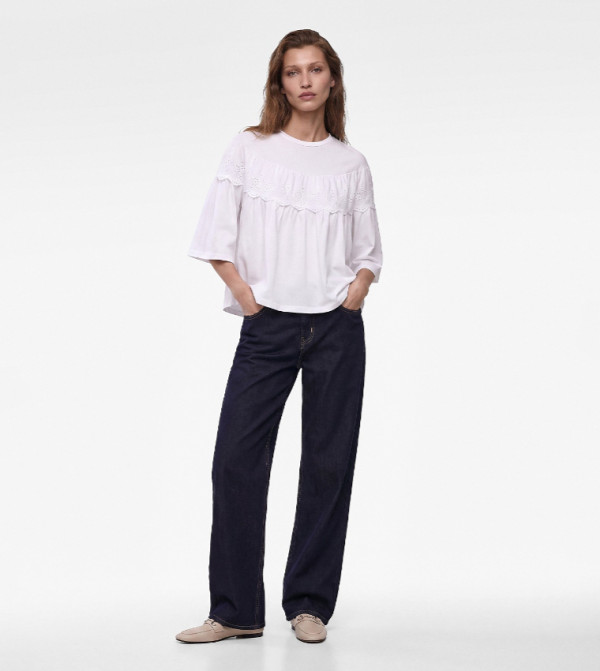 Broderie Trim Crew Neck Top