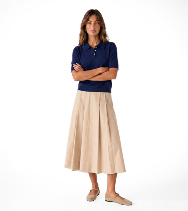 Pleated Flared Midi Skirt