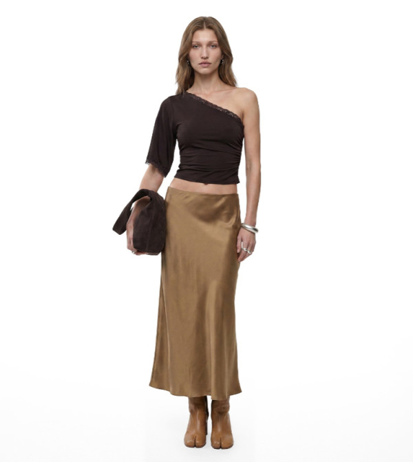 Solid A-Line Satin Midi Skirt