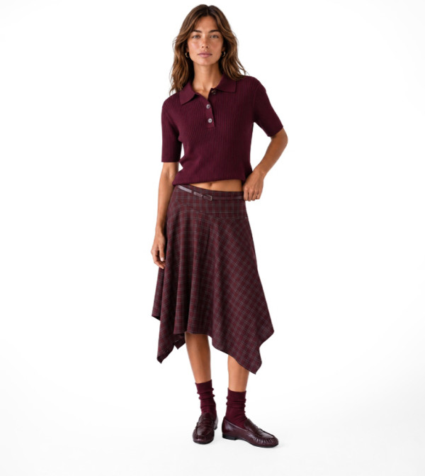 Checkered Asymmetric Midi Skirt