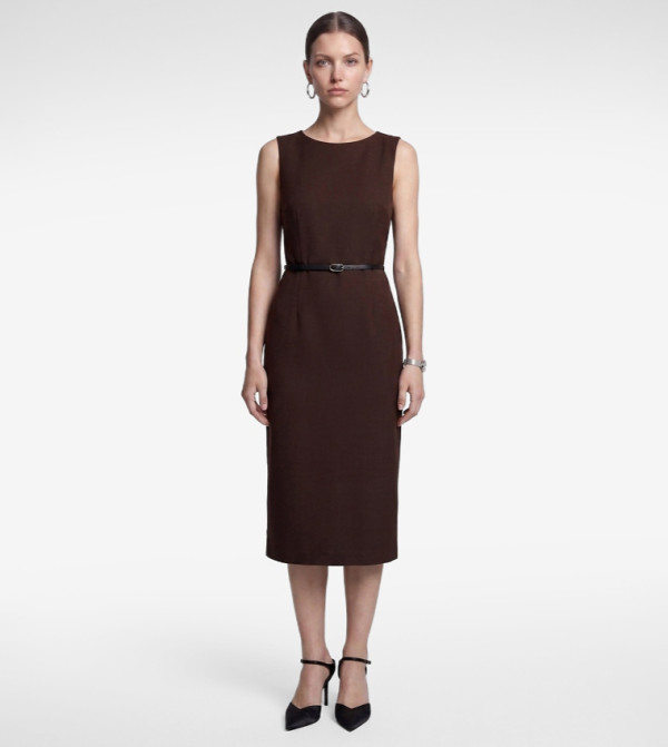 Solid Crew Neck A-Line Midi Dress