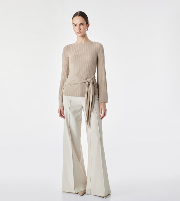 Ribbed Tie Detail Boat Neck Top