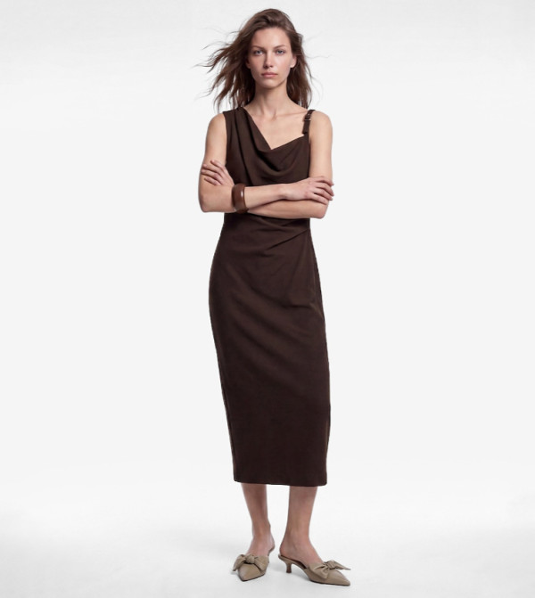 Solid Cowl Neck Bodycon Midi Dress