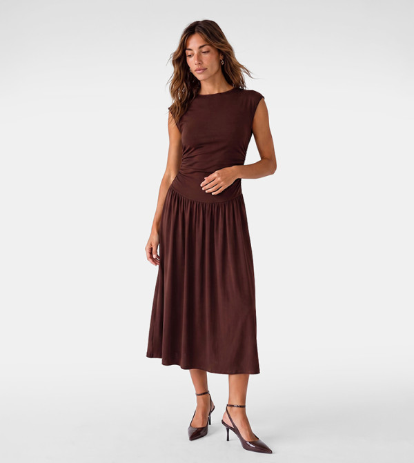 Solid Cap Sleeves Drop-Waist Midi Dress