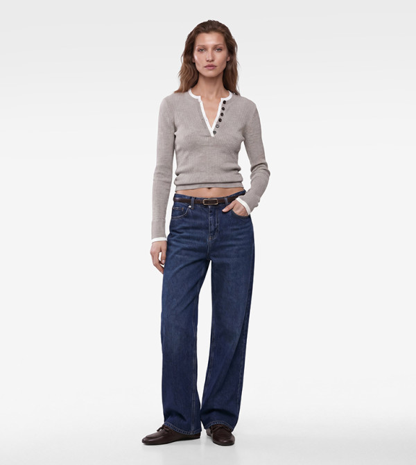 Ribbed Henley Neck Slim Fit Sweater