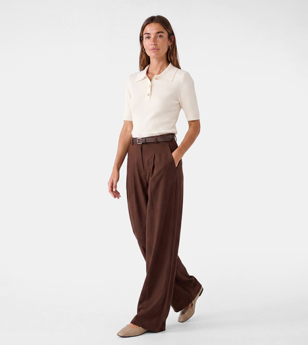 Ribbed Collared Short Sleeves Sweater
