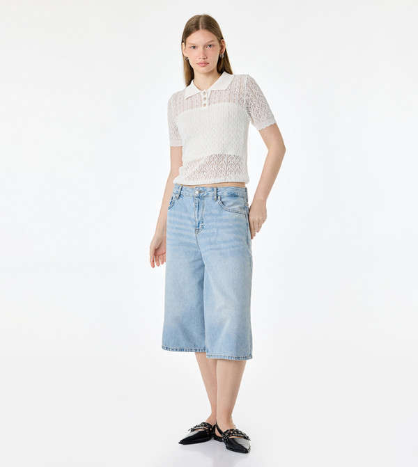Openwork Collared Short Sleeves Sweater