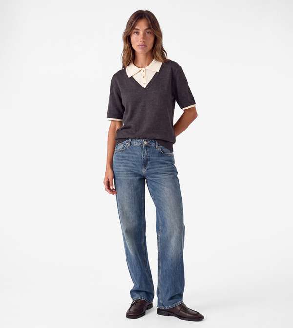 Colorblock Collared Short Sleeves Sweater