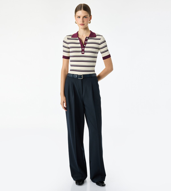 Striped Short Sleeves Collared Sweater