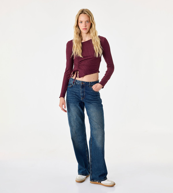 Ribbed Boat Neck Drawstring Cropped Top