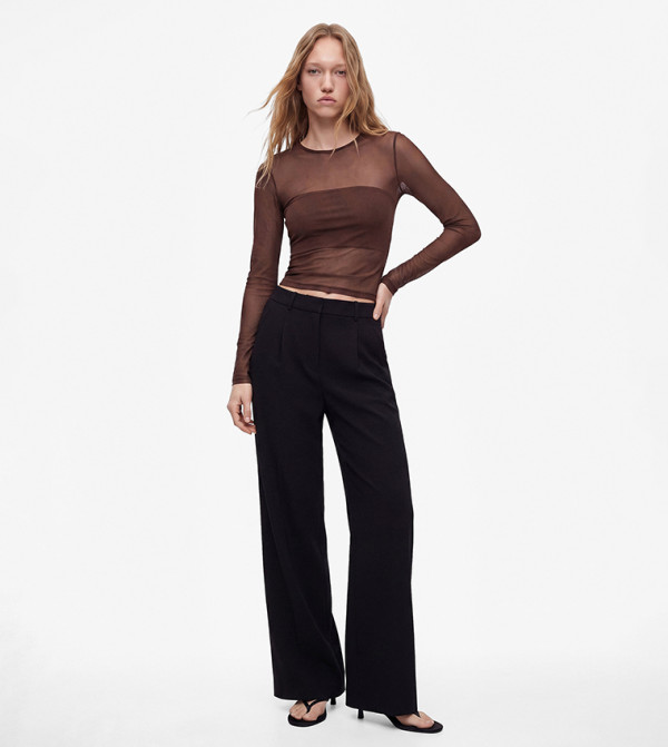 Solid Crew Neck Long Sleeves Sheer Top