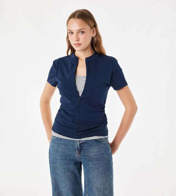 Solid Ruched Zipper Top